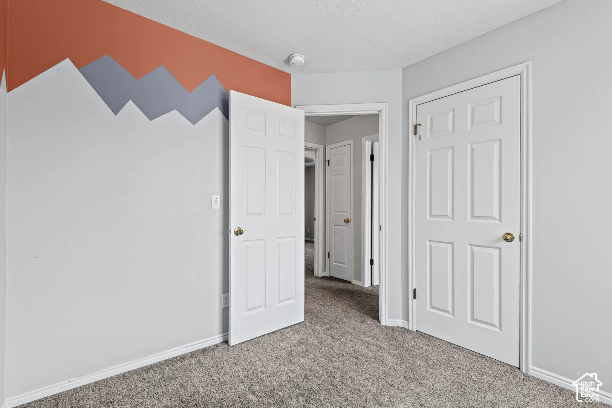 Textured gray carpeting, white trim, and white paneled doors