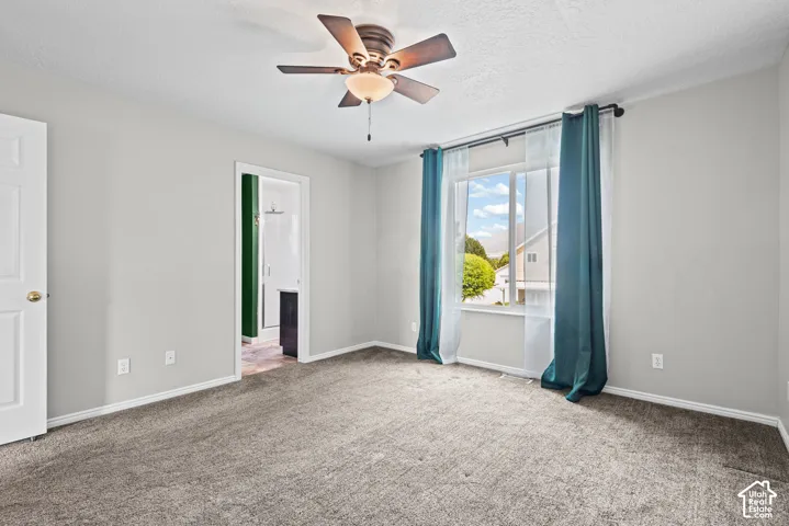 Spacious room with light gray walls, plush gray carpeting, and a ceiling fan with integrated lighting