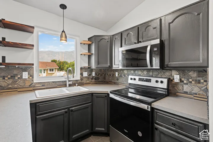 Kitchen featuring dark cabinetry, a double basin sink, a stainless steel range, and a built-in microwave