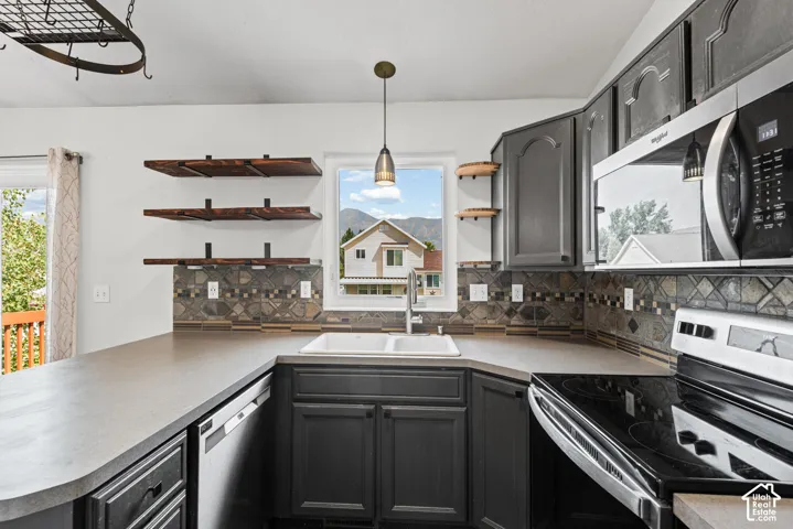 Kitchen featuring dark cabinetry, dual basin sink, a patterned tile backsplash, and stainless steel appliances
