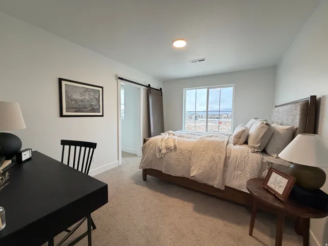 Carpeted room featuring a large window with exterior views, a barn door entry, and overhead lighting