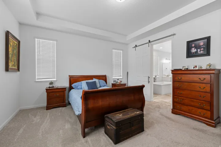 Spacious room featuring tray ceilings, neutral carpeting, and a sliding barn door entry to an adjacent bath