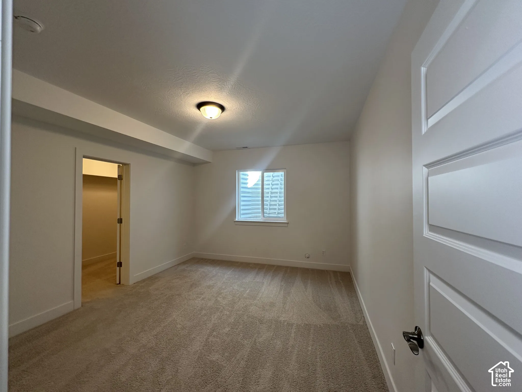 Carpeted room featuring a ceiling-mounted light fixture, a window with horizontal blinds, and a paneled interior door