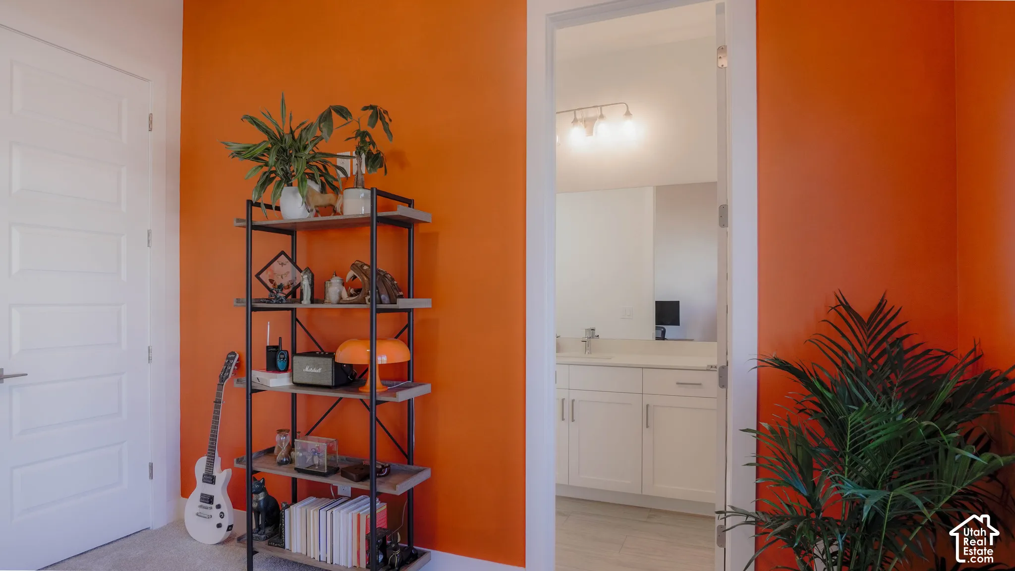 Vibrant interior space featuring a bright orange accent wall, five-panel interior door with brushed nickel hardware, and an open doorway revealing a bathroom with a white vanity and track lighting