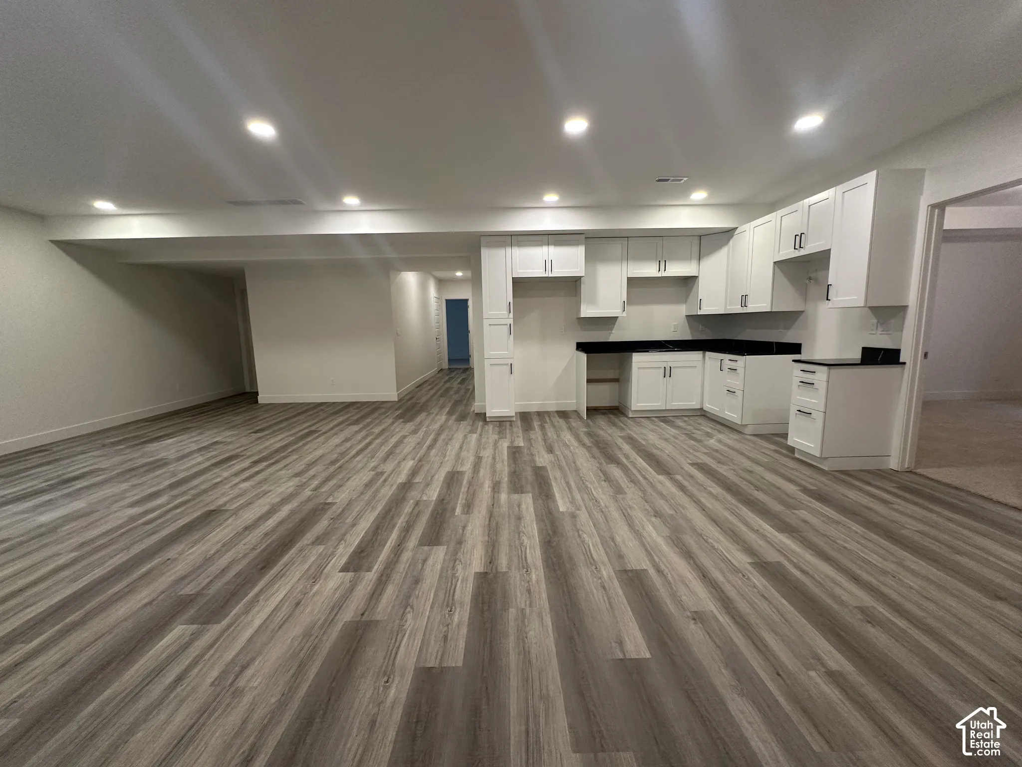 Open-concept room featuring wide plank wood-finish flooring and recessed lighting