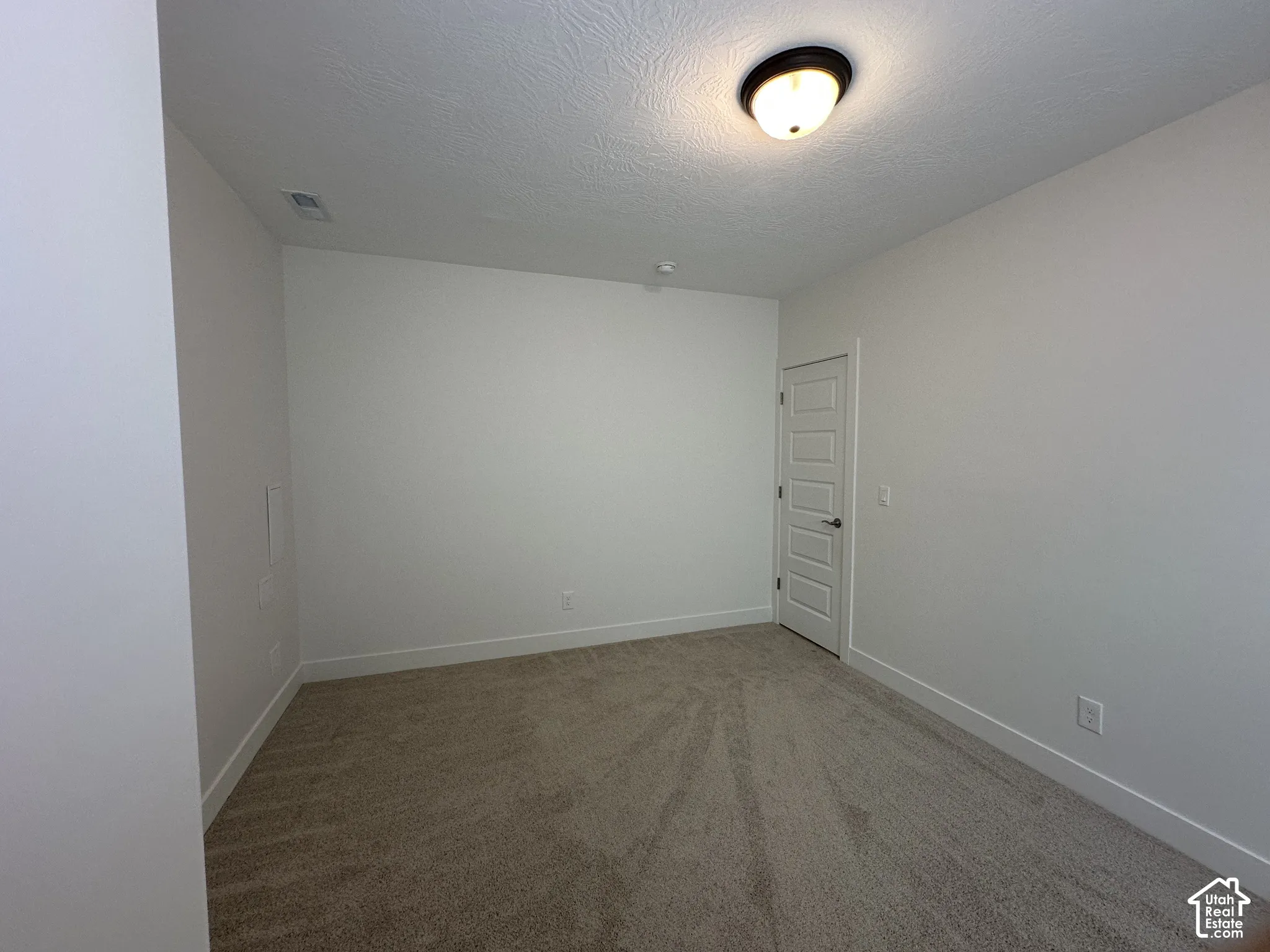 Room featuring neutral-toned carpet, white walls, and a five-panel interior door