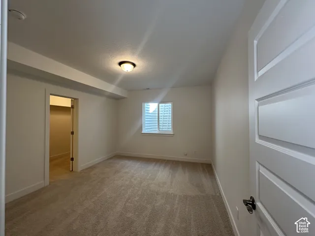Carpeted room featuring a ceiling-mounted light fixture, a window with horizontal blinds, and a paneled interior door