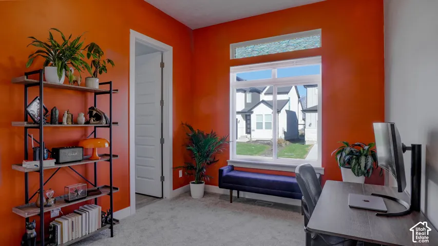 Spacious room with a large window and transom, light gray carpeting, and a white interior door