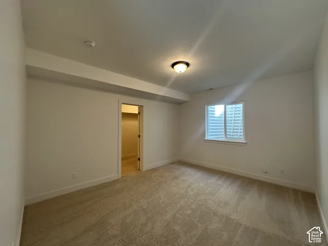 Carpeted room featuring a single window with blinds, a flush-mount ceiling light, and a doorway opening to a closet