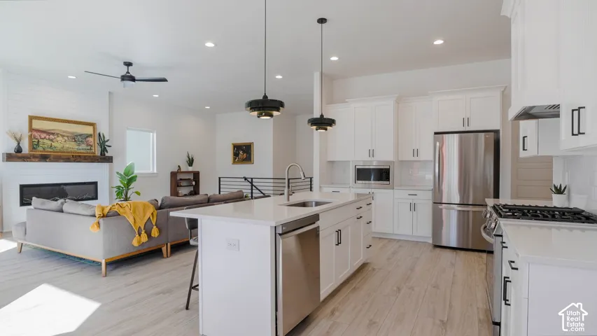 Modern open-concept living space with light wood-finish flooring