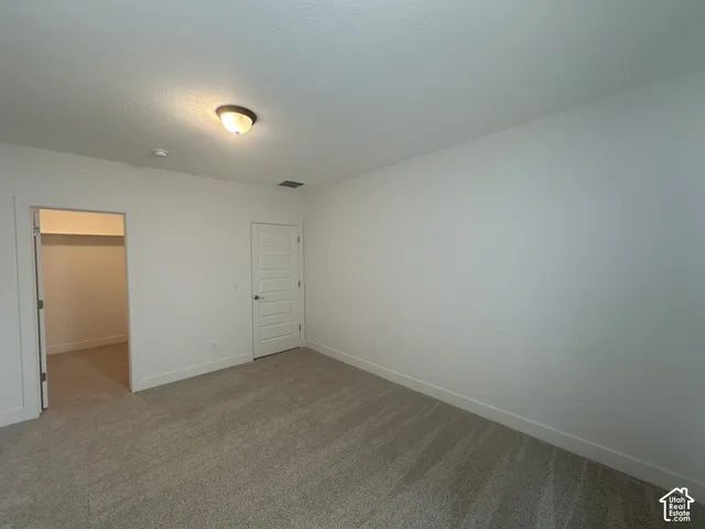 Spacious bedroom featuring neutral wall finishes, wood-finish flooring, and dual closet access including a walk-in closet