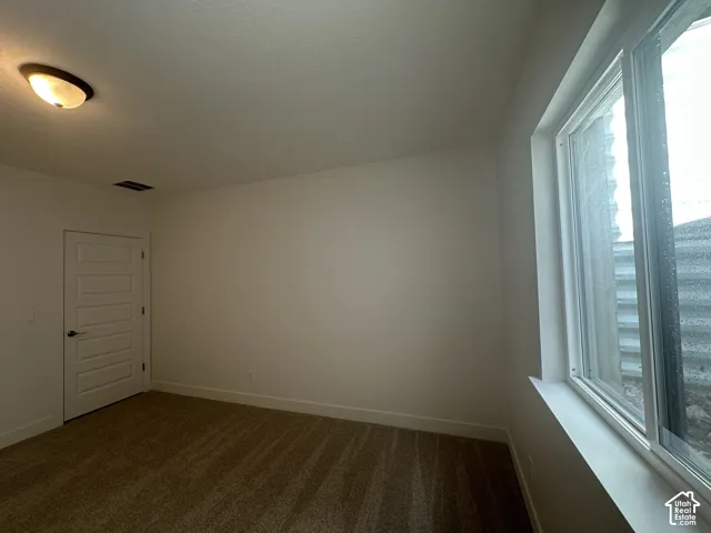 Neutral-toned room featuring a window with a white frame and sill, flush-mount ceiling lighting, a five-panel interior door with a brushed nickel handle, and plush carpeting