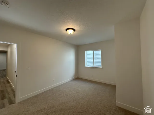 Carpeted room featuring a single window with blinds, a ceiling-mounted light fixture, and white painted walls with matching baseboards