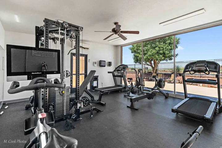 Fitness room featuring a durable rubberized floor and a ceiling fan