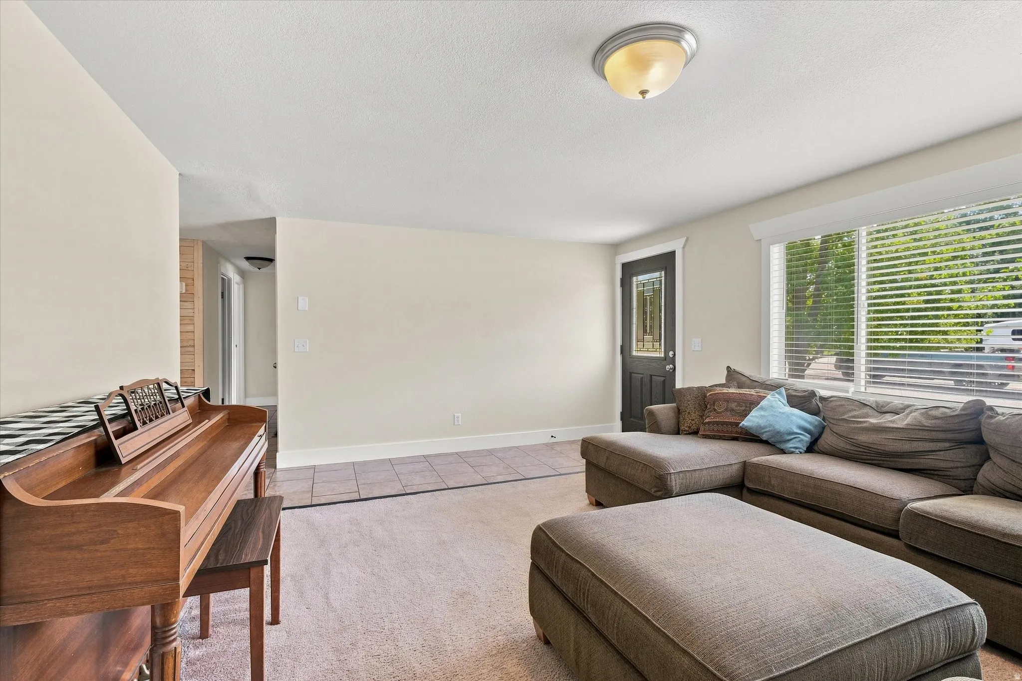 Spacious living area featuring neutral carpeting, a wood-finish media console with built-in shelving, comfortable seating arrangements, abundant natural light from large windows with plantation shutters, and a ceiling-mounted light fixture