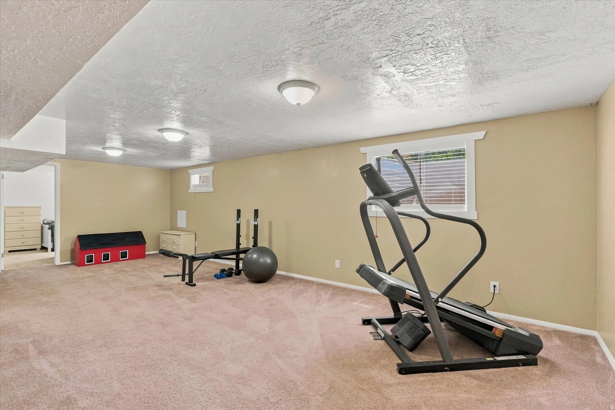 Spacious lower-level room featuring beige walls, textured white ceilings, and plush carpeting