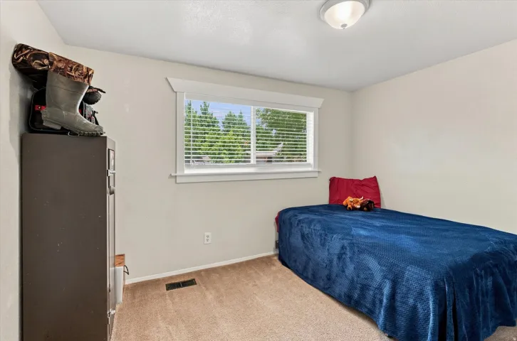 Carpeted room with a single window featuring blinds and white trim