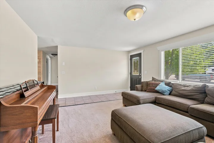 Spacious living area featuring neutral carpeting, a wood-finish media console with built-in shelving, comfortable seating arrangements, abundant natural light from large windows with plantation shutters, and a ceiling-mounted light fixture