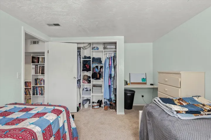 Spacious bedroom with dual closet systems featuring mirrored doors and organized shelving, carpeted flooring throughout, and ample natural light from multiple windows