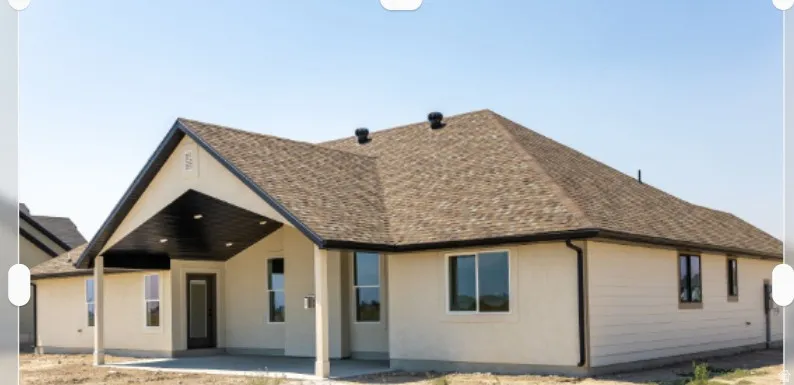 Pitched roof with asphalt shingles, covered patio, stucco and horizontal siding exterior, multiple windows, and a glass-paneled entry door