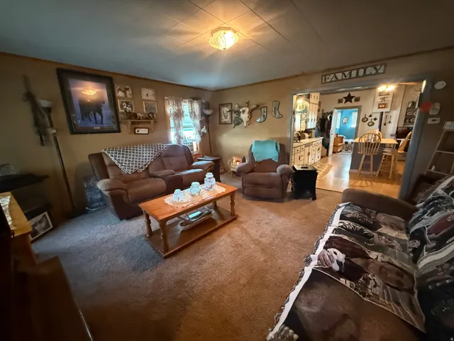 Open concept living area featuring a neutral wall color, recessed lighting, and carpeted flooring