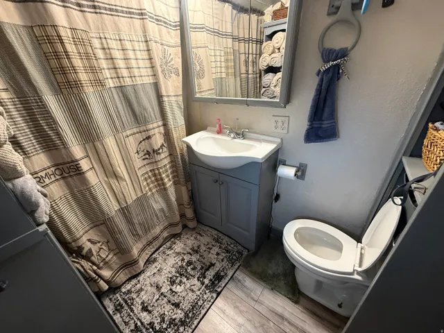 Bathroom featuring a single vanity with a white basin sink, a wall-mounted mirror, and wood-finish flooring