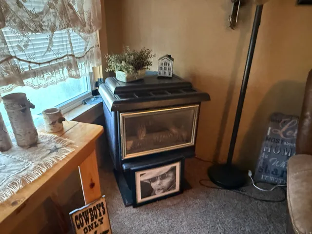 Black electric fireplace with a gold-tone trim, set against a neutral wall