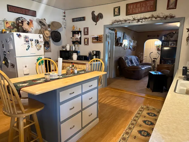 Open-concept kitchen and living area featuring a custom blue island with wood countertop and ample storage drawers, wood-finish flooring throughout, and abundant natural light