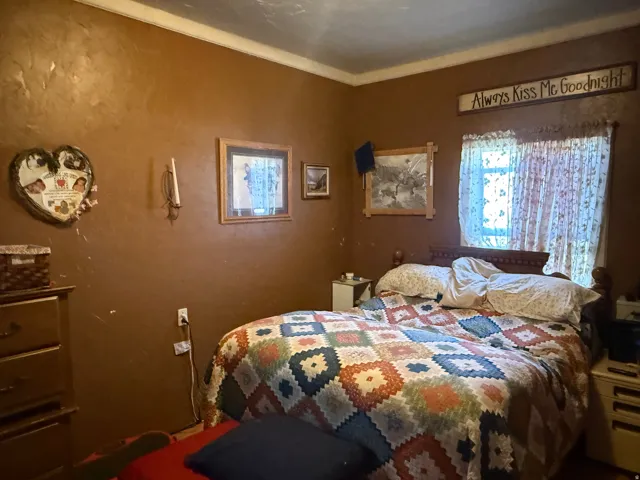 Bedroom featuring rich brown walls and wood-finish flooring