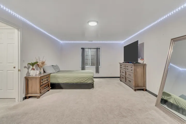 Carpeted room featuring a ceiling-mounted light fixture, strip lighting at the ceiling perimeter, a window with horizontal blinds, and a white paneled door