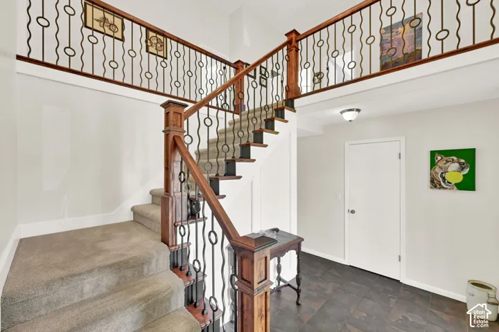 Two-story foyer featuring a carpeted staircase with wood-finish handrails and decorative wrought iron balusters