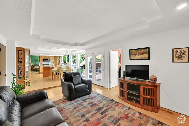 Living area featuring light wood-finish flooring and a multi-tiered tray ceiling