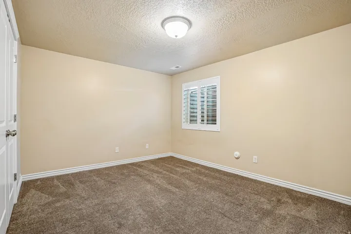 Spacious bedroom featuring neutral beige walls, plush carpeting, ceiling-mounted lighting fixture, and multiple electrical outlets