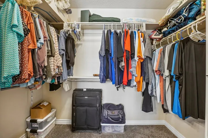 Spacious walk-in closet featuring dual rod systems with multiple hanging levels, shelving for folded storage, and carpeted flooring