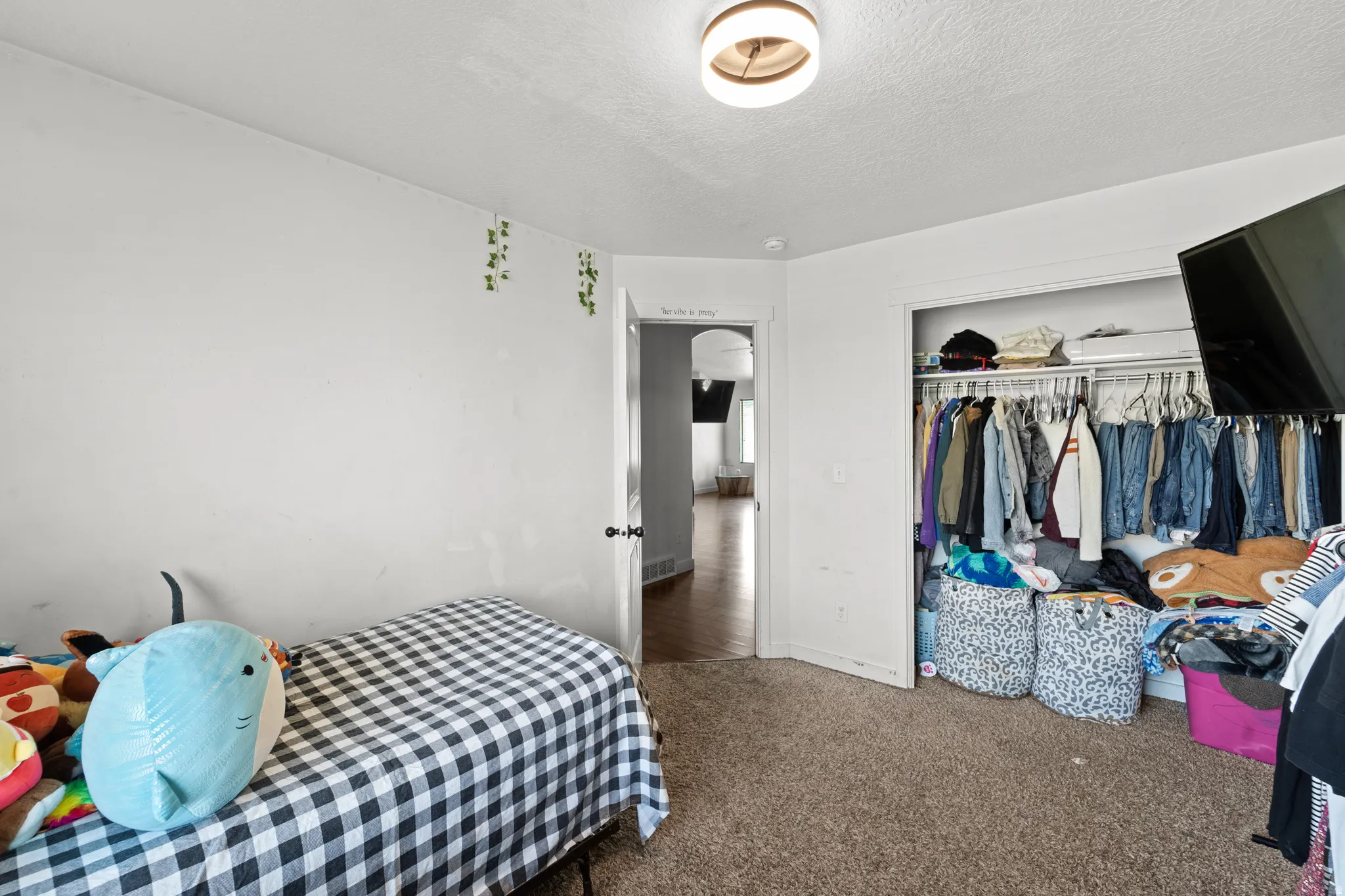 Carpeted room featuring a built-in closet with shelving and hanging rods, a ceiling-mounted light fixture, and a doorway opening to a wood-finish floor
