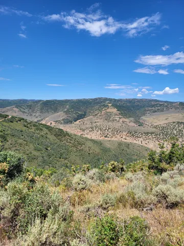 Expansive mountain landscape with diverse natural terrain and clear blue sky