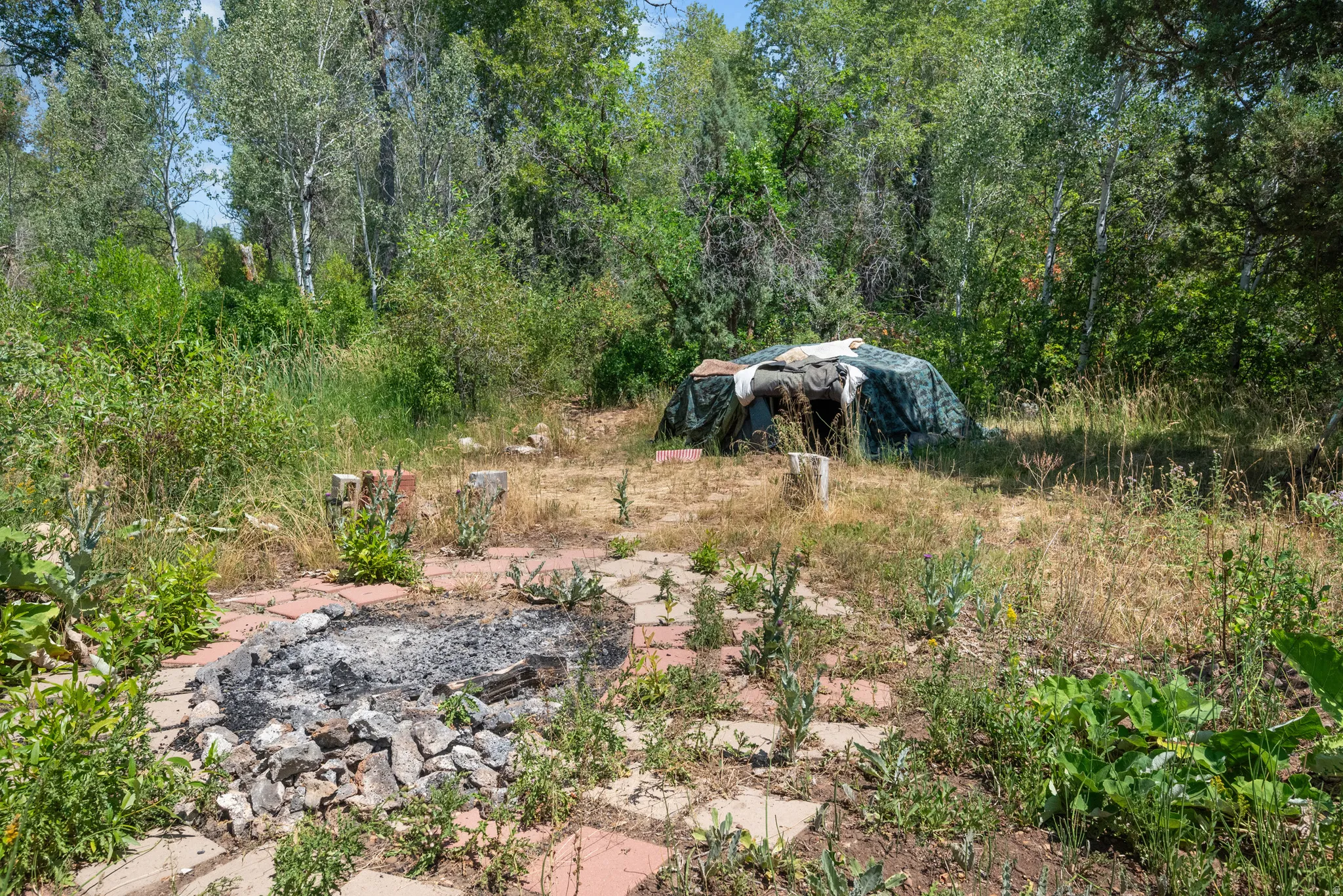Outdoor space featuring a stone-lined fire pit, brick paver patio, and mature trees surrounding the perimeter