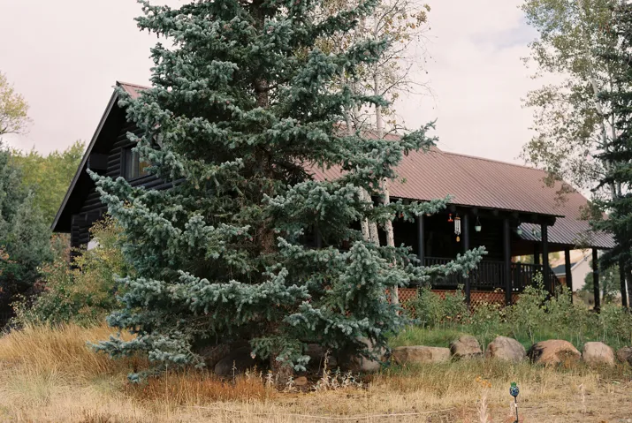 Log cabin exterior featuring a reddish-brown metal roof, an expansive covered porch, and natural wood siding