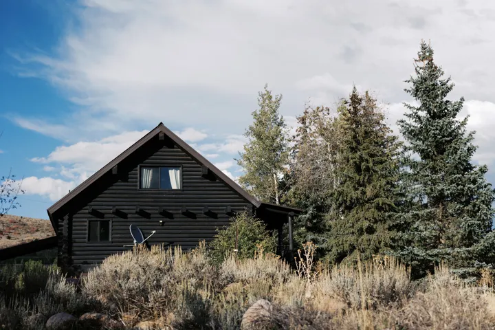 Log cabin exterior featuring a dark wood finish, an A-frame roofline, and multiple windows