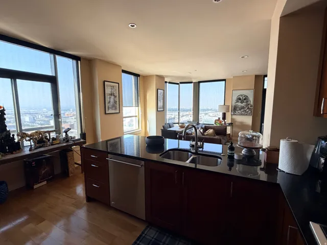 Modern kitchen island featuring a double stainless steel sink, black countertop, and integrated dishwasher