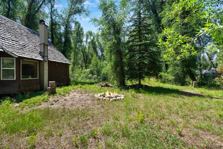 Wood-sided cabin with a shingled roof and exterior chimney, surrounded by natural landscaping and mature trees