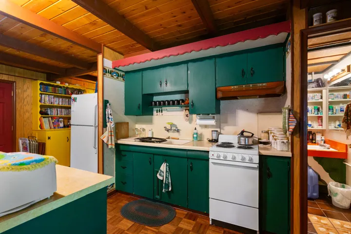 Compact kitchen featuring green cabinetry, a white electric range, and wood-finish flooring