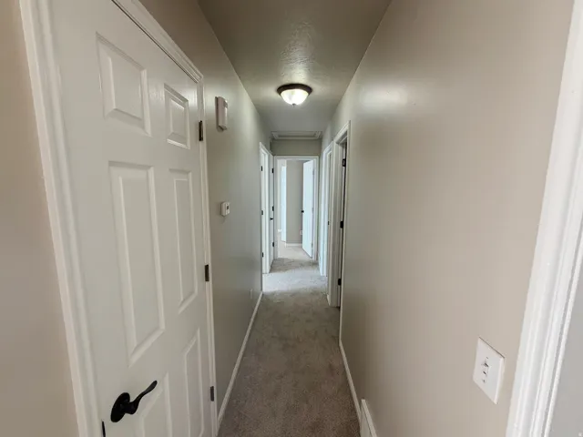Hallway with neutral wall finishes and recessed lighting