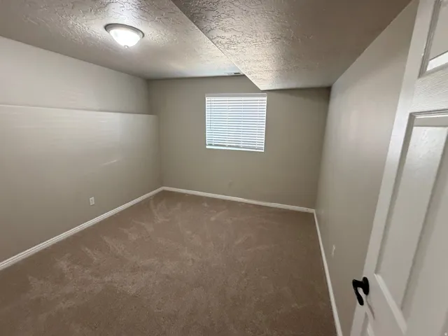 Neutral tone wall finishes, window with blinds, flush mount ceiling light fixture, and carpeted flooring