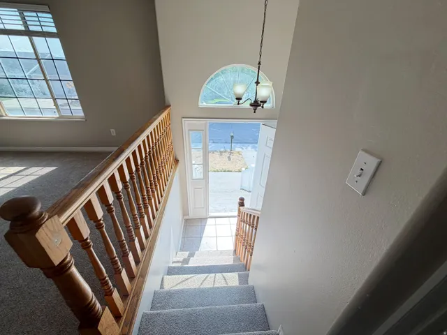 Carpeted stairs with a wood-finish banister, overhead light fixture, and a transom window above the entry