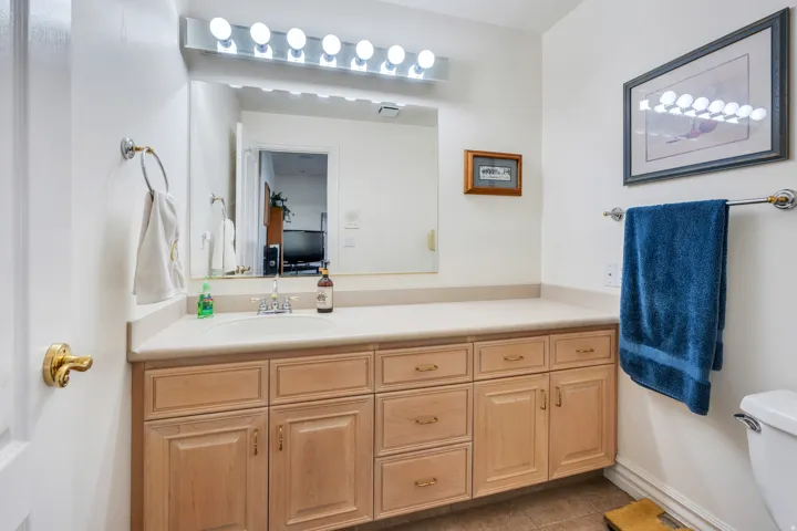 Vanity with ample counter space, integrated sink, and light wood-finish cabinetry