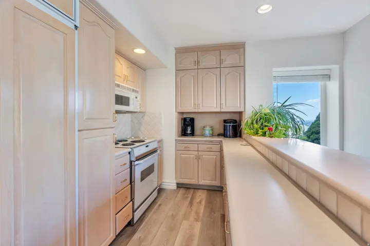 Galley kitchen featuring light wood cabinetry, stainless steel appliances, white quartz countertops, and wood-finish flooring throughout