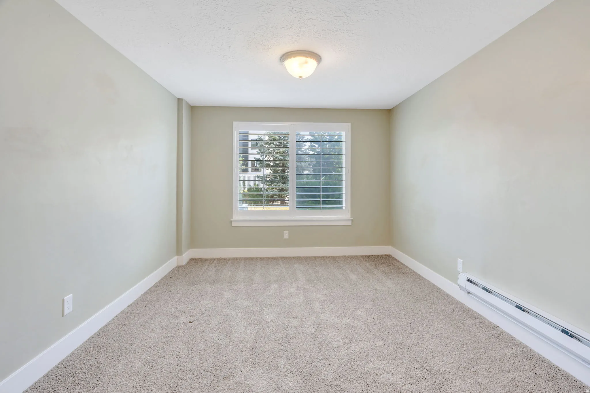 Room featuring neutral carpeting, light-toned walls, and a window with white louvered blinds