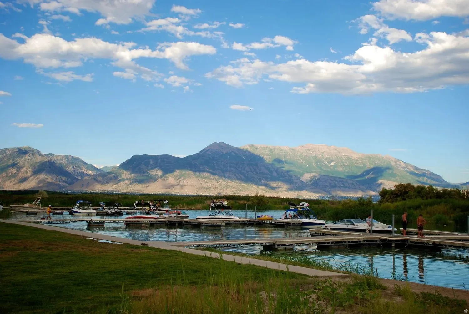 Marina with multiple boat slips, surrounded by lush green grass and distant mountains