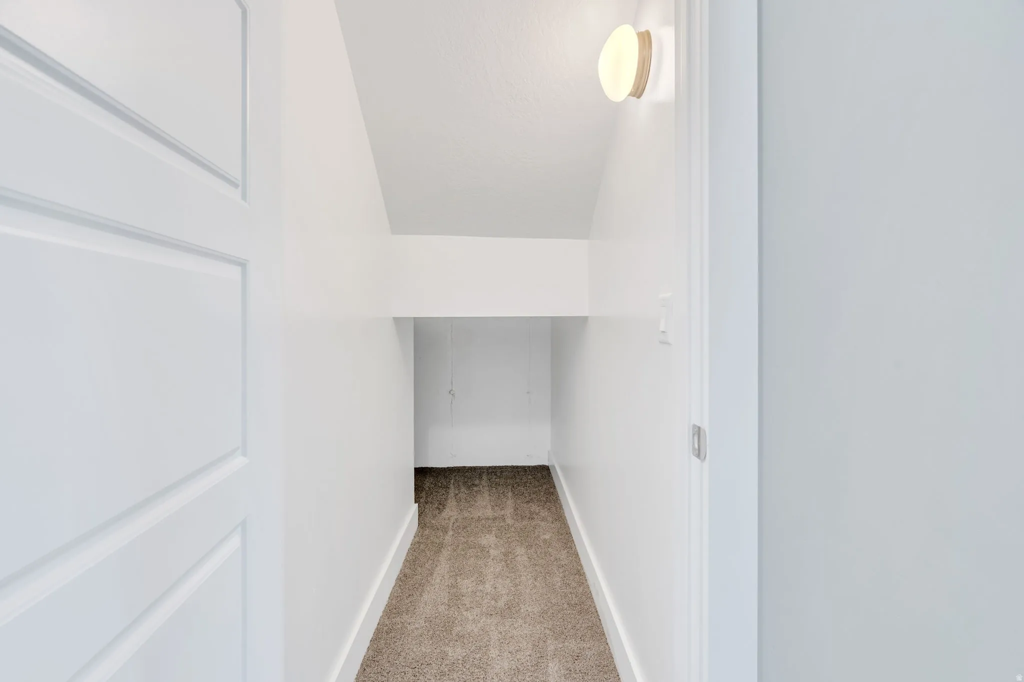 Recessed storage area featuring neutral carpet flooring and a contemporary wall sconce. Excellent space for additional storage while Harry is away at Hogwarts.